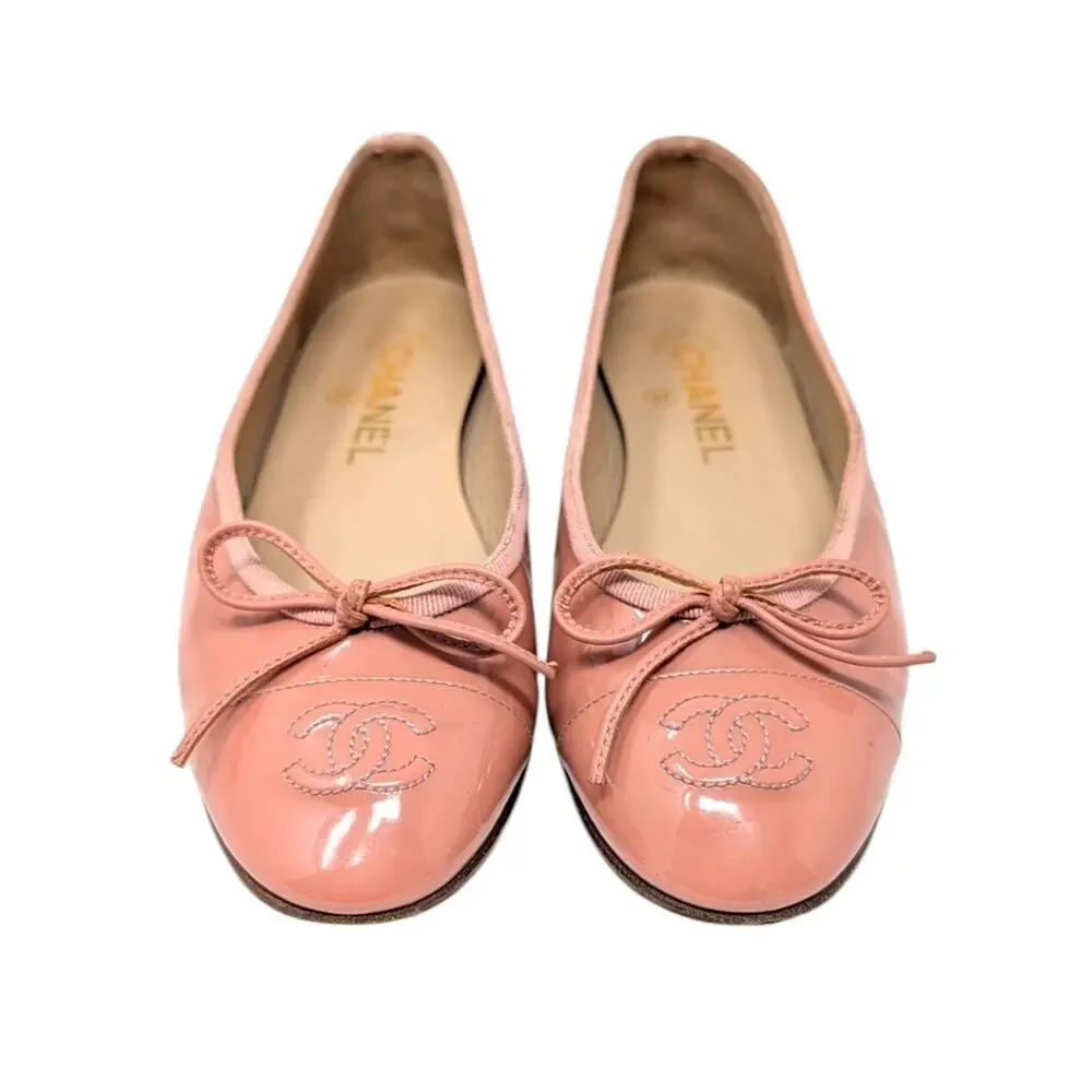 Chanel Ballet Flats Ballerinas CC Logo Cap Toe Nude Pink Patent 36.5 | 6